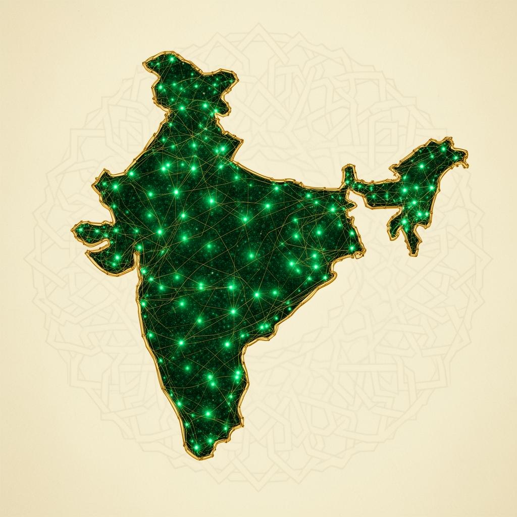 Stylised map of India with glowing community nodes